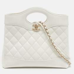 Pre Owned Chanel 31 Mini White Quilted Crumpled Leather Shopping Tote