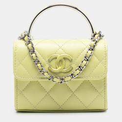مملوكة مسبقًا حقيبة شانيل يد علوية سلسلة جلد خروف مبطن أصفر ميني