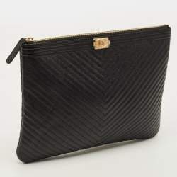 Pre Owned Chanel Boy Medium Black Chevron Caviar Leather Pouch