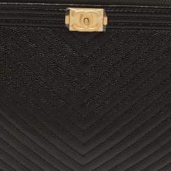 Pre Owned Chanel Boy Medium Black Chevron Caviar Leather Pouch