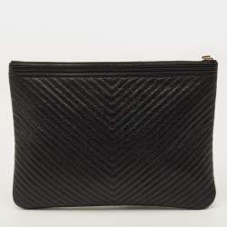 Pre Owned Chanel Boy Medium Black Chevron Caviar Leather Pouch