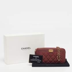 Pre Owned Chanel Boy Burgundy Quilted Caviar Leather Chain Clutch
