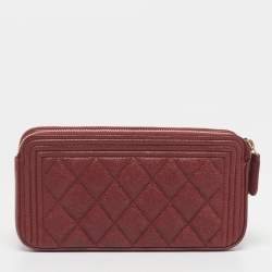 Pre Owned Chanel Boy Burgundy Quilted Caviar Leather Chain Clutch
