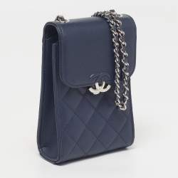 Pre Owned Chanel CC Box Phone Holder Blue Quilted Caviar Leather Crossbody Bag