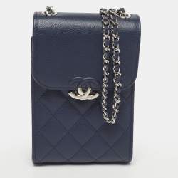 Pre Owned Chanel CC Box Phone Holder Blue Quilted Caviar Leather Crossbody Bag