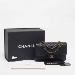 Pre Owned Chanel Classic Double Flap Medium Black Chevron Caviar Leather Shoulder Bag