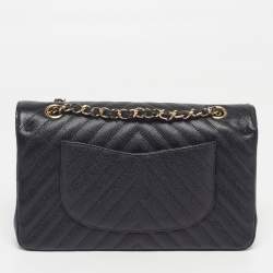 Pre Owned Chanel Classic Double Flap Medium Black Chevron Caviar Leather Shoulder Bag