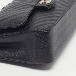 Pre Owned Chanel Classic Double Flap Medium Black Chevron Caviar Leather Shoulder Bag