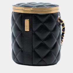 Pre Owned حقيبة صندوق التاج من جلد الحمل المبطن الصغيرة باللون الأسود من شانيل