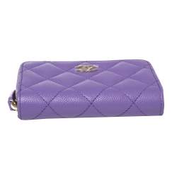 Pre Owned Chanel Purple Quilted Caviar Leather CC Zip around Wallet