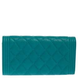Pre Owned Chanel Aqua Blue Caviar Quilted Leather Boy Wallet