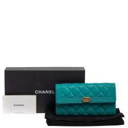 Pre Owned Chanel Aqua Blue Caviar Quilted Leather Boy Wallet