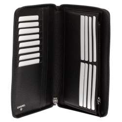 Pre Owned Chanel Black Leather Camellia Zip Around Travel Organizer