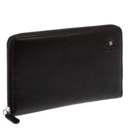 Pre Owned Chanel Black Leather Camellia Zip Around Travel Organizer