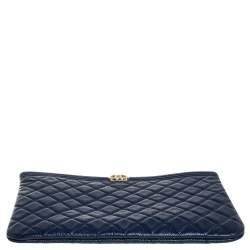 Pre Owned Chanel Blue Quilted Caviar Leather Boy Large O-Case Zip Pouch