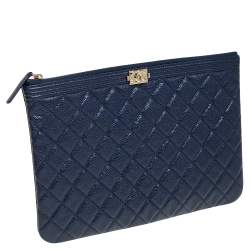 Pre Owned Chanel Blue Quilted Caviar Leather Boy Large O-Case Zip Pouch