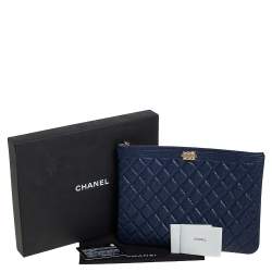 Pre Owned Chanel Blue Quilted Caviar Leather Boy Large O-Case Zip Pouch