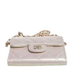 Chanel Metallic White Leather Card Holder with Chain