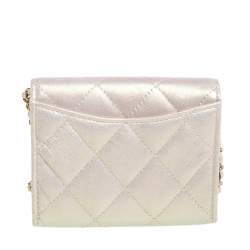 Chanel Metallic White Leather Card Holder with Chain