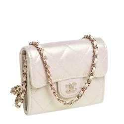 Chanel Metallic White Leather Card Holder with Chain