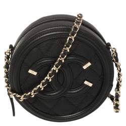 BeigeBlack Quilted Caviar Filigree Round Mini Chain Shoulder Bag  HAUTE  CLASSICS INC