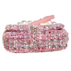 Pre Owned Chanel Pink Tweed Small Pearl Handle Flap Bag