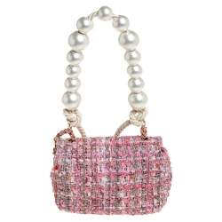 Pre Owned Chanel Pink Tweed Small Pearl Handle Flap Bag