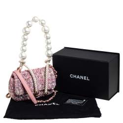 Pre Owned Chanel Pink Tweed Small Pearl Handle Flap Bag