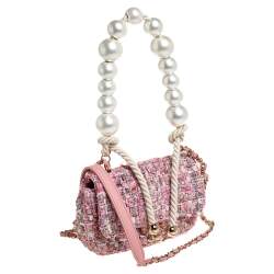 Pre Owned Chanel Pink Tweed Small Pearl Handle Flap Bag