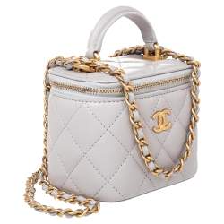 Pre Owned Chanel Grey Quilted Leather Vanity Case Top Handle Bag