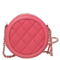 Pre Owned Chanel Red Quilted Caviar Leather Round CC Filigree Crossbody Bag