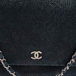 Pre Owned Chanel Navy Blue/Black Lace Overlay Suede Classic Wallet on Chain
