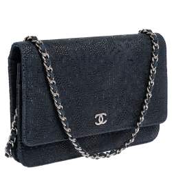 Pre Owned Chanel Navy Blue/Black Lace Overlay Suede Classic Wallet on Chain