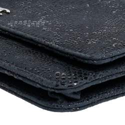 Pre Owned Chanel Navy Blue/Black Lace Overlay Suede Classic Wallet on Chain