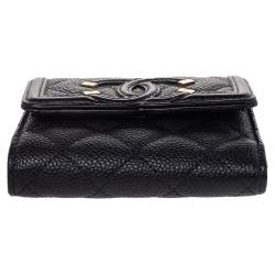 Pre Owned Chanel Black Caviar Leather Small CC Filigree Flap Wallet