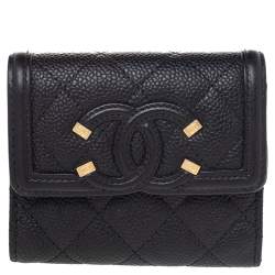Pre Owned Chanel Black Caviar Leather Small CC Filigree Flap Wallet