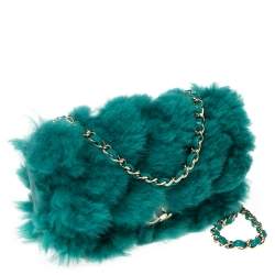 Pre Owned Chanel Green Shearling Fur and Leather New Mini Classic Flap Bag
