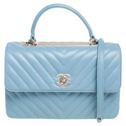 Pre Owned Chanel Blue Chevron Lambskin Leather Trendy CC Medium Top Handle Bag