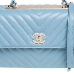 Pre Owned Chanel Blue Chevron Lambskin Leather Trendy CC Medium Top Handle Bag