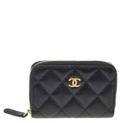 مملوكة مسبقًا Chanel Black Quilted Caviar Leather CC Logo Coin Zip Around Wallet