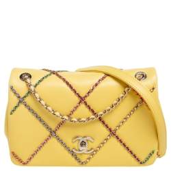 Pre Owned Chanel Yellow Leather Entwined Chain Shoulder Bag 