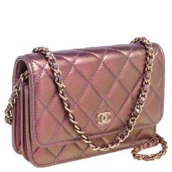 Chanel Pink Iridescent Quilted Leather Classic Wallet on Chain