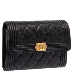 Pre Owned Chanel Black Quilted Caviar Leather Boy Wallet