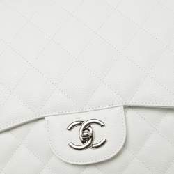 Pre Owned Chanel White Quilted Caviar Leather Jumbo Classic Single Flap Bag