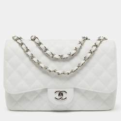 Pre Owned Chanel White Quilted Caviar Leather Jumbo Classic Single Flap Bag