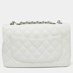Pre Owned Chanel White Quilted Caviar Leather Jumbo Classic Single Flap Bag