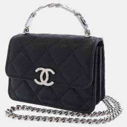 Pre Owned Chanel Black Caviar Leather Enamel Mini Chain Top Handle Bag 
