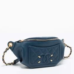 Pre Owned Chanel Blue Quilted Caviar Leather Filigree Belt Bag