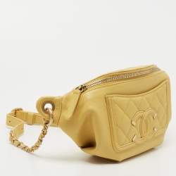 Pre Owned Chanel Yellow Quilted Caviar Leather Filigree Waist Bag