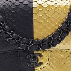 Pre Owned Chanel Gold/Black Python Medium Classic Double Flap Bag